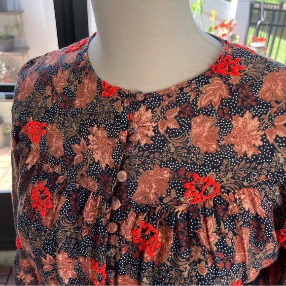 Zara Trafuluc Embroidered Tunic Black Tan Polyester 3/4 Long Sleeves Size Medium - Picture 2 of 5